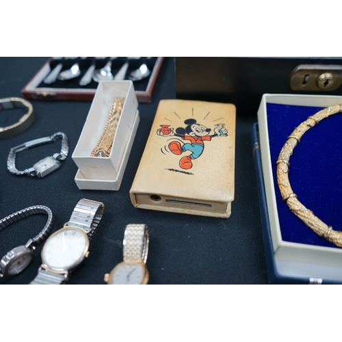 1220 - Box of Various Jewellery, Set of Plated Spoons and a Mickey Mouse Savings Box