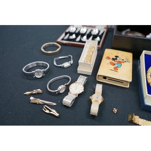 1220 - Box of Various Jewellery, Set of Plated Spoons and a Mickey Mouse Savings Box