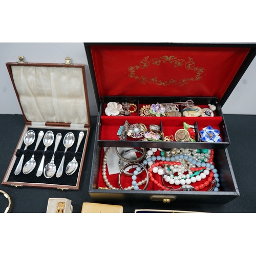 1220 - Box of Various Jewellery, Set of Plated Spoons and a Mickey Mouse Savings Box