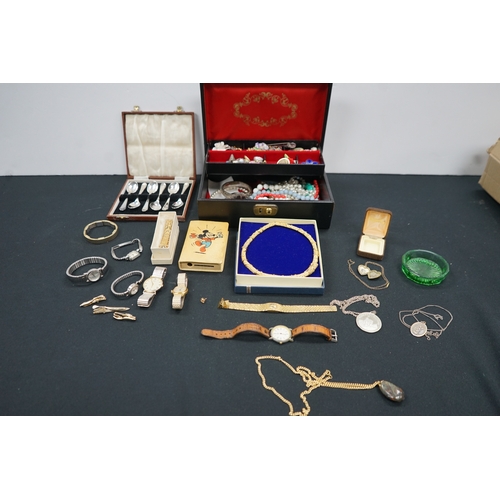 1220 - Box of Various Jewellery, Set of Plated Spoons and a Mickey Mouse Savings Box