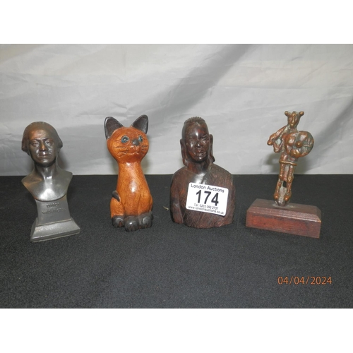 174 - Miniature George Washington Bust, African Carving, another African Figure etc