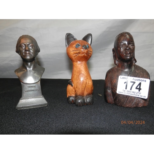 174 - Miniature George Washington Bust, African Carving, another African Figure etc