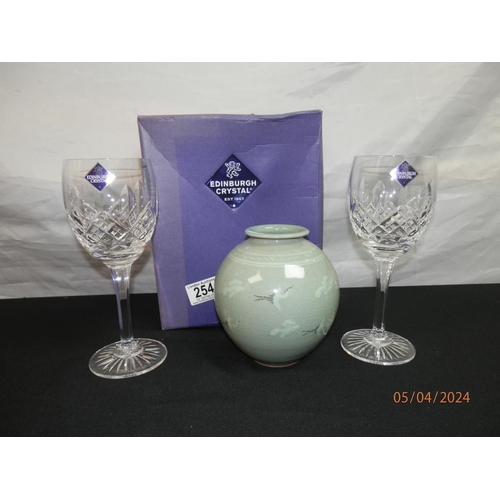 254 - Pair of New and Boxed Edinburgh Crystal Wine Glasses and a Chinese Pot