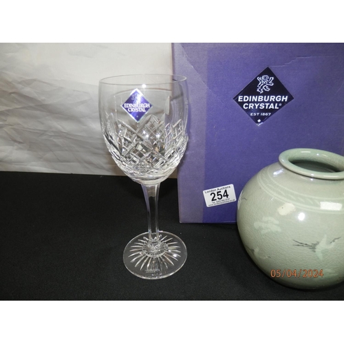 254 - Pair of New and Boxed Edinburgh Crystal Wine Glasses and a Chinese Pot