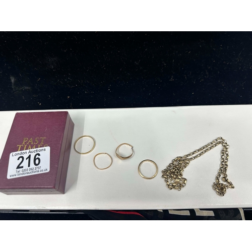 1216 - Mixed Lot of Gold-9ct Gold Chain and Two Rings (13.24g) a 14ct Ring 1.7g plus an unmarked Yellow Gol... 