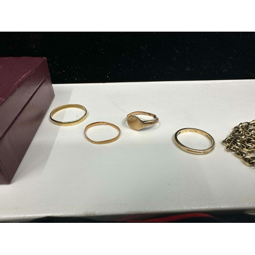 1216 - Mixed Lot of Gold-9ct Gold Chain and Two Rings (13.24g) a 14ct Ring 1.7g plus an unmarked Yellow Gol... 