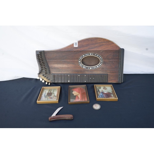 1265 - Vintage Zither and vintage folding knife plus
3 small fine art portraits