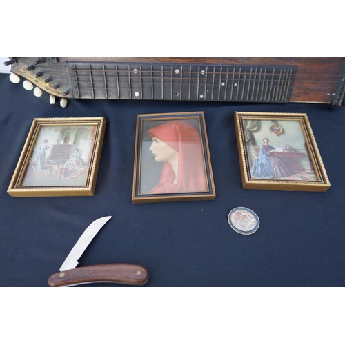 1265 - Vintage Zither and vintage folding knife plus
3 small fine art portraits