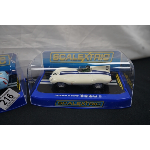 216 - 3 Mint & Boxed Scalextric Cars MG 1964 Sebring, Jaguar D-Type & Ford Cortina