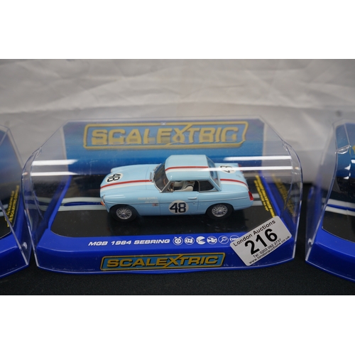 216 - 3 Mint & Boxed Scalextric Cars MG 1964 Sebring, Jaguar D-Type & Ford Cortina