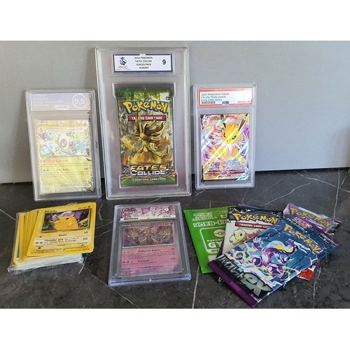 13 - 5x Unopened Pokemon Trading Card packs, 3x Graded Cards, 1x Grades Pack and mixed loose cards