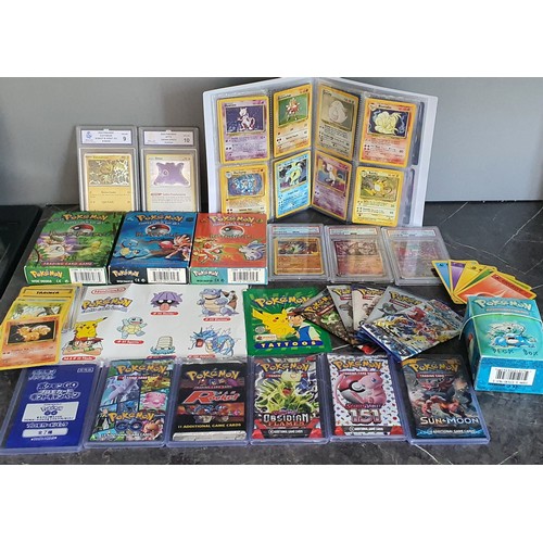 2 - Selection of Pokemon cards to include album of vintage base set cards, unopened packs, graded cards,... 