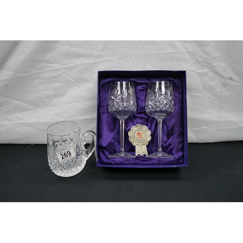 269 - A pair of Vizavi Crystal Wine Glasses and 1 other Crystal glass mug