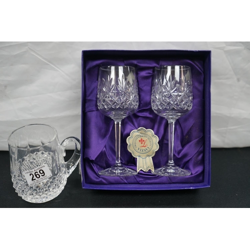 269 - A pair of Vizavi Crystal Wine Glasses and 1 other Crystal glass mug