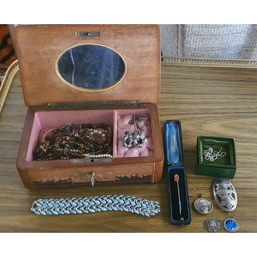 27 - Vintage wooden jewellery box containing various Silver Jewellery etc.