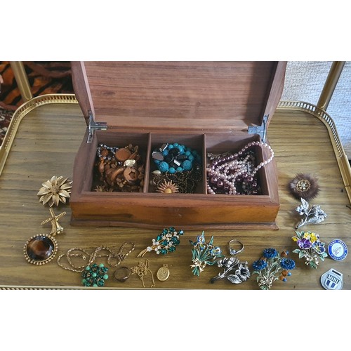 26 - Vintage wooden jewellery box including a good lot of mixed vintage jewellery including Gold Chain, B... 