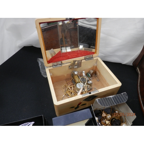 506 - Old Oak Work Box Containing Various Jewellery including 9ct Gold Earrings etc