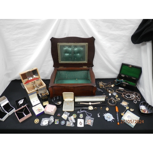 506 - Old Oak Work Box Containing Various Jewellery including 9ct Gold Earrings etc