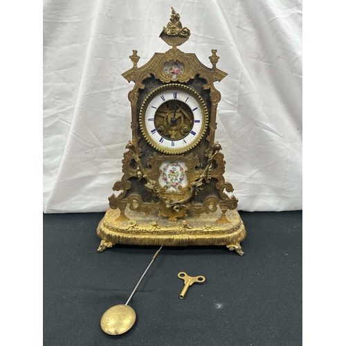 44 - French Ormolu Gilt Bronze Mantle Clock by Pert Bally Paris with Porcelain Plaque Decoration. Movemen... 