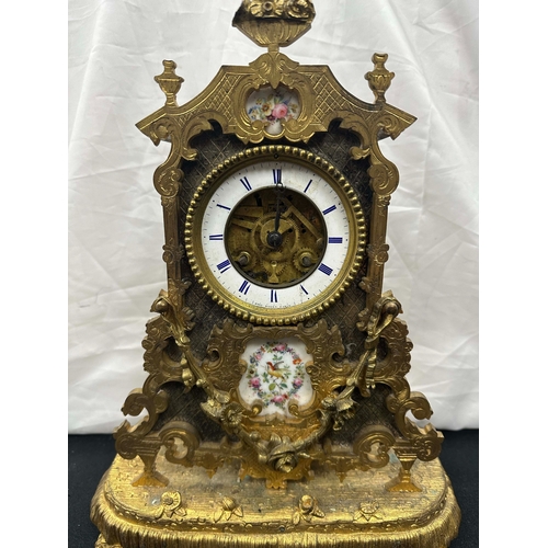 44 - French Ormolu Gilt Bronze Mantle Clock by Pert Bally Paris with Porcelain Plaque Decoration. Movemen... 