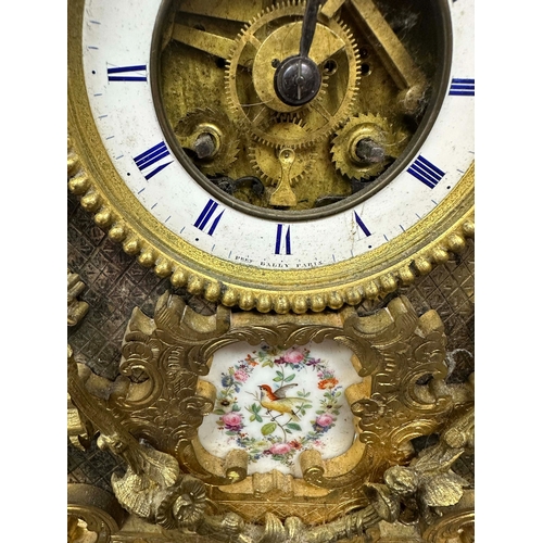 44 - French Ormolu Gilt Bronze Mantle Clock by Pert Bally Paris with Porcelain Plaque Decoration. Movemen... 