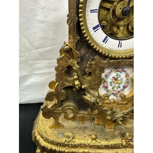 44 - French Ormolu Gilt Bronze Mantle Clock by Pert Bally Paris with Porcelain Plaque Decoration. Movemen... 