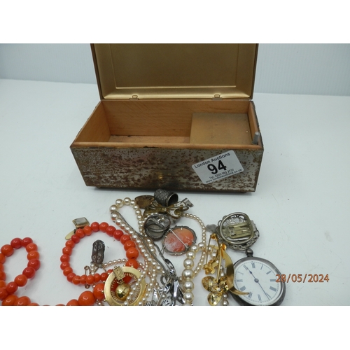 94 - Old Musical Box to Contain Various Jewellery including a Silver Cased Pocket Watch