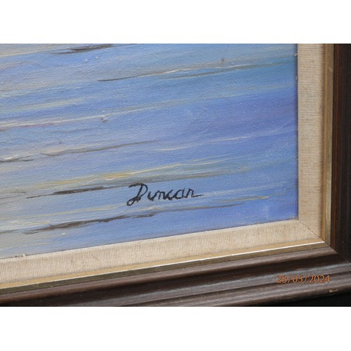 400A - Modern Framed Oil on Canvas Ship Scene signed Duncan