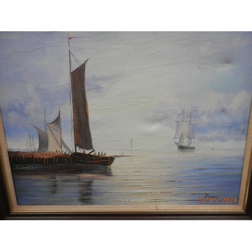 400A - Modern Framed Oil on Canvas Ship Scene signed Duncan