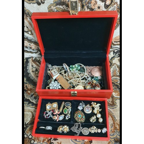 19A - Old Jewellery box with contents Inc a good selection of vintage jewellery etc.