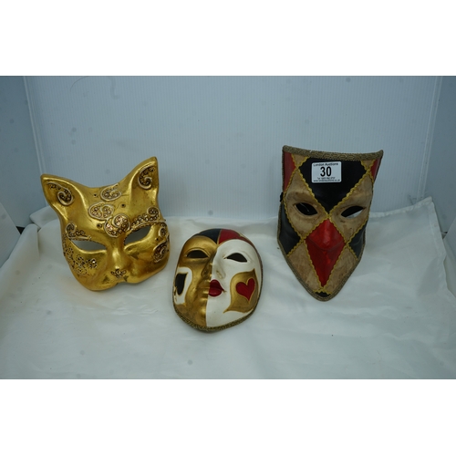 30 - Pair of Italian Venetian Masquerade Masks and another Porcelain Mask