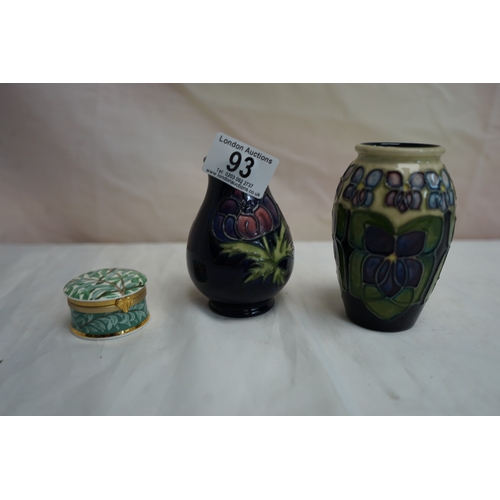 93 - Two Moorcroft Vases and a William Morris Trinket Pot