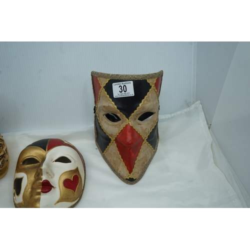 30 - Pair of Italian Venetian Masquerade Masks and another Porcelain Mask