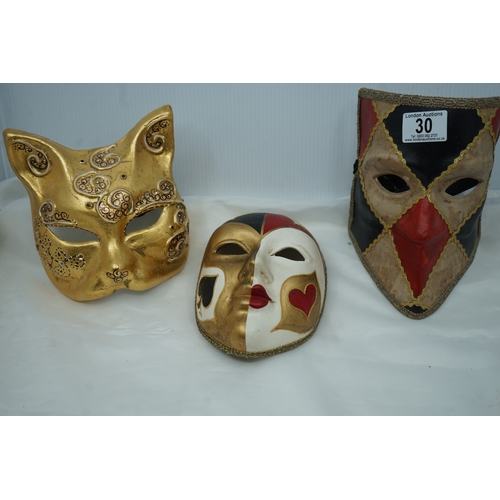 30 - Pair of Italian Venetian Masquerade Masks and another Porcelain Mask