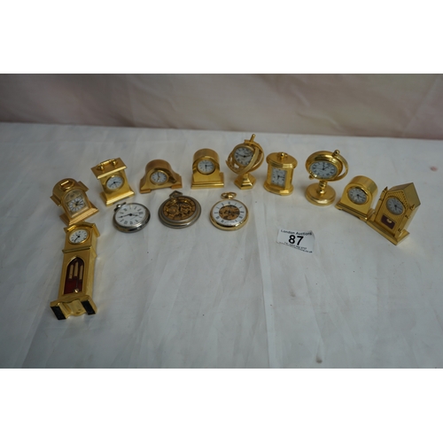 87 - Collection of Miniature Brass Clocks & Pocket Watches