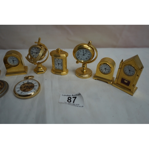 87 - Collection of Miniature Brass Clocks & Pocket Watches