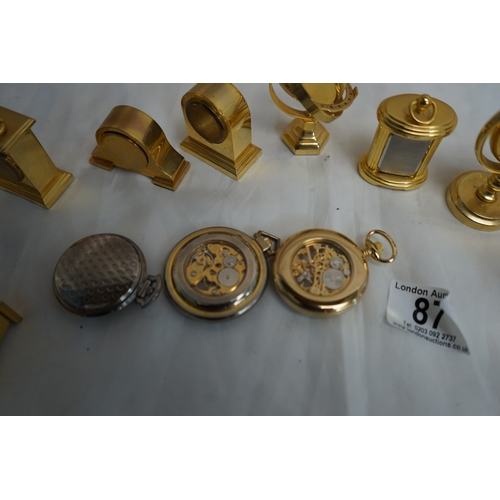 87 - Collection of Miniature Brass Clocks & Pocket Watches