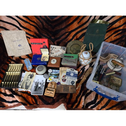 26B - Box of interesting items Inc vintage smalls, jewellery, pens, coins, silver locket etc.