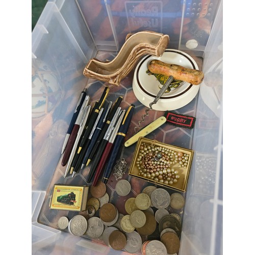 26B - Box of interesting items Inc vintage smalls, jewellery, pens, coins, silver locket etc.