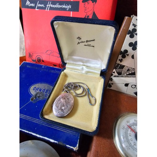 26B - Box of interesting items Inc vintage smalls, jewellery, pens, coins, silver locket etc.