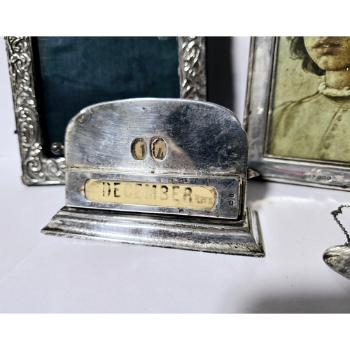 73H - Good group of antique silver items including silver fronted frames, desk calendar etc.