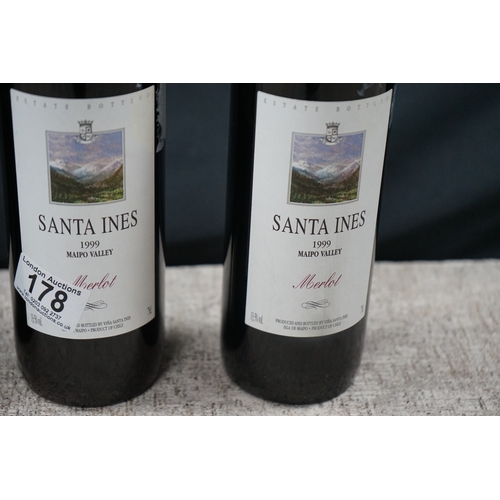 178 - Three bottles of Santa Ines 1999 Merlot from Maipo Valley, 750ml each.