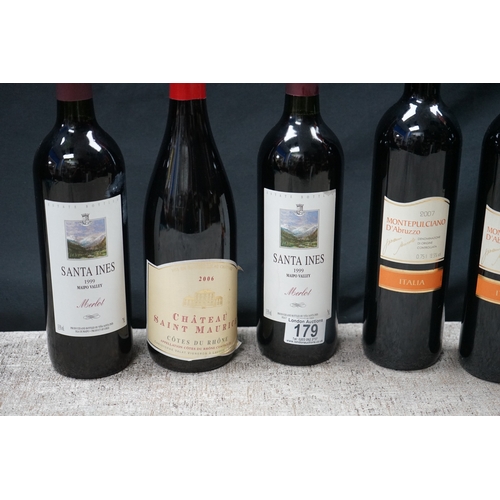 179 - Collection of wines including Santa Ines Merlot 1999, Chateau Saint Maurice 2006, and Montepulciano ... 