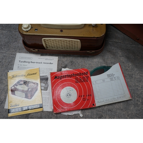 199 - Tandberg four-track reel to reel tape recorder with instruction manual, BASF reel-to-reel tape etc