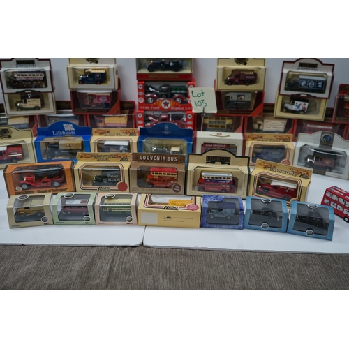 103 - Collection of die-cast model vehicles including various buses, trucks, and emergency vehicles, mostl... 