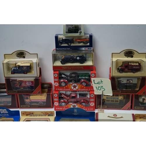 103 - Collection of die-cast model vehicles including various buses, trucks, and emergency vehicles, mostl... 