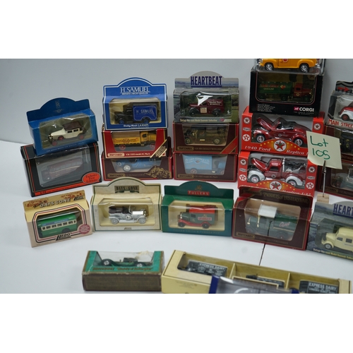 105 - Collection of die-cast model vehicles from Corgi, Lledo, and others including vintage cars, trucks, ... 