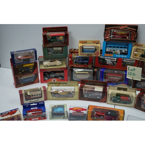 106 - Collection of die-cast model vehicles, mostly by Corgi, including buses, cars, and trucks.