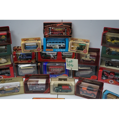 106 - Collection of die-cast model vehicles, mostly by Corgi, including buses, cars, and trucks.