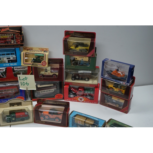 106 - Collection of die-cast model vehicles, mostly by Corgi, including buses, cars, and trucks.